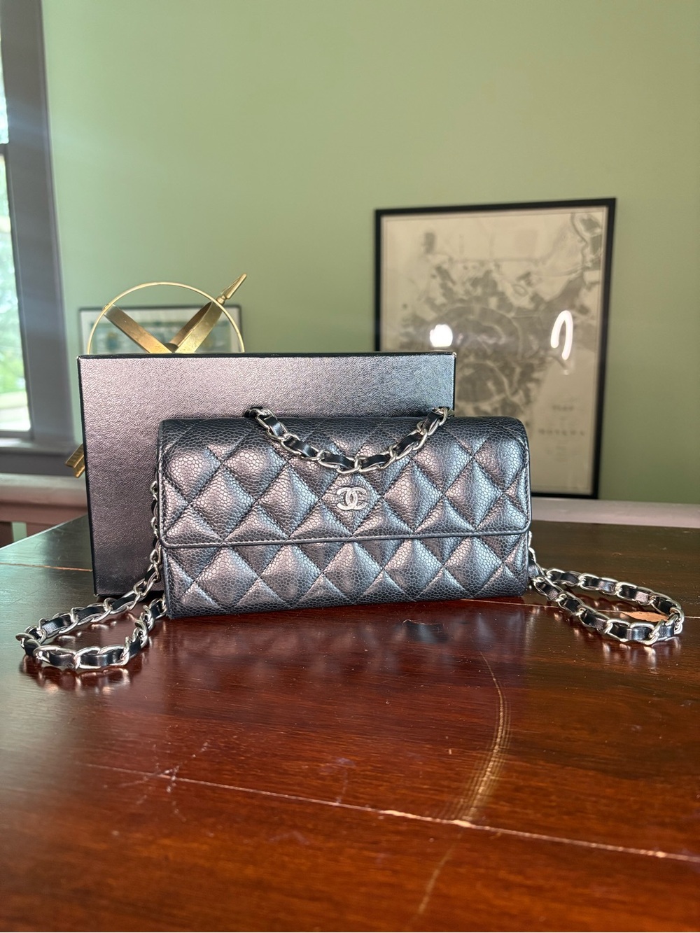 CHANEL Black Quilted Silver Hardware Wallet with Added Chain